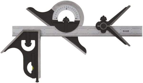SPI - 4 Piece, 24" Combination Square Set - 1/100, 1/32, 1/50 & 1/64" (16R) Graduation, Hardened Steel Blade, Cast Iron Center, Protractor & Square Head - Apex Tool & Supply
