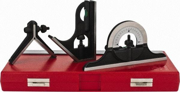 SPI - 4 Piece, 12" Combination Square Set - 1/16, 1/32, 1/64 & 1/8" (4R) Graduation, Hardened Steel Blade, Cast Iron Center, Protractor & Square Head - Apex Tool & Supply