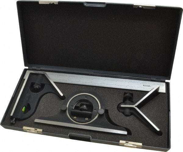 SPI - 4 Piece, 12" Combination Square Set - 1/32 & 1/64" (English/Metric) Graduation, Hardened Steel Blade, Cast Iron Center, Protractor & Square Head - Apex Tool & Supply