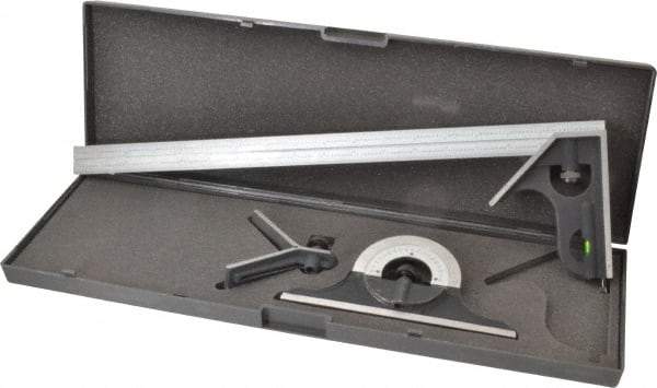 SPI - 4 Piece, 18" Combination Square Set - 1/100, 1/32, 1/50 & 1/64" (16R) Graduation, Hardened Steel Blade, Cast Iron Center, Protractor & Square Head - Apex Tool & Supply