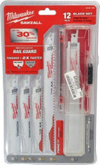 Milwaukee Tool - 12 Piece, 6" to 9" Long x 0.04" to 0.05" Thick, Bi-Metal Reciprocating Saw Blade Set - Straight Profile, 5-8 to 18 Teeth per Inch, Toothed Edge - Apex Tool & Supply