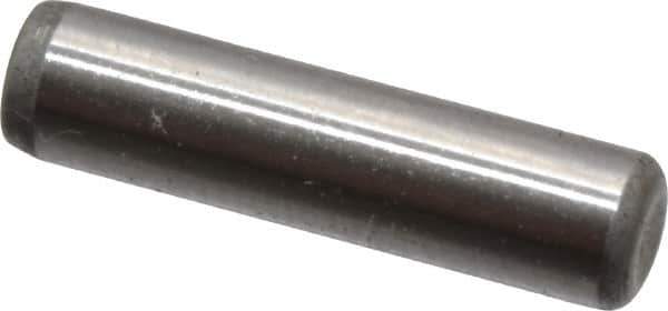 Made in USA - 1/8" Diam x 1/2" Pin Length Grade 8 Alloy Steel Standard Dowel Pin - Bright Finish, C 47-58 & C 60 (Surface) Hardness, 1,840 Lb (Single Shear), 3,680 Lb (Double Shear) Breaking Strength, 1 Beveled & 1 Rounded End - Apex Tool & Supply