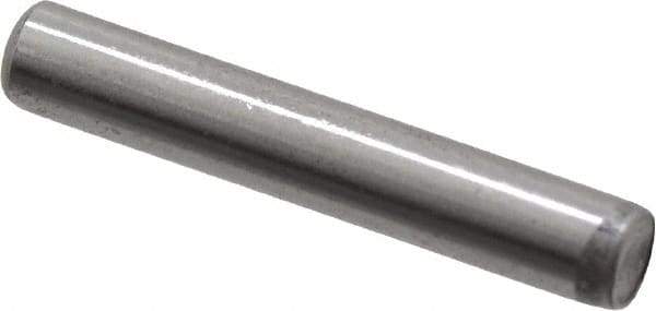 Made in USA - 1/8" Diam x 3/4" Pin Length Grade 8 Alloy Steel Standard Dowel Pin - Bright Finish, C 47-58 & C 60 (Surface) Hardness, 1,840 Lb (Single Shear), 3,680 Lb (Double Shear) Breaking Strength, 1 Beveled & 1 Rounded End - Apex Tool & Supply