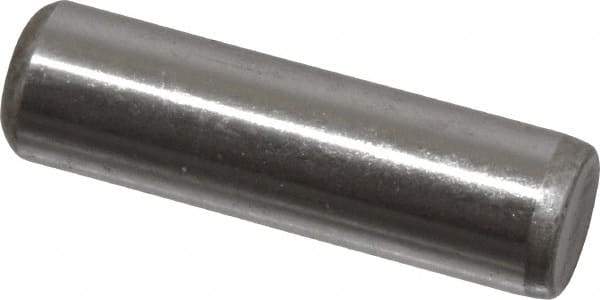 Made in USA - 1/4" Diam x 7/8" Pin Length Grade 8 Alloy Steel Standard Dowel Pin - Bright Finish, C 47-58 & C 60 (Surface) Hardness, 14,720 Lb (Double Shear), 7,360 Lb (Single Shear) Breaking Strength, 1 Beveled & 1 Rounded End - Apex Tool & Supply