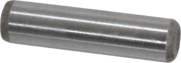 Made in USA - 1/4" Diam x 1" Pin Length Grade 8 Alloy Steel Standard Dowel Pin - Bright Finish, C 47-58 & C 60 (Surface) Hardness, 14,720 Lb (Double Shear), 7,360 Lb (Single Shear) Breaking Strength, 1 Beveled & 1 Rounded End - Apex Tool & Supply