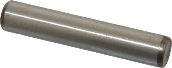 Made in USA - 3/8" Diam x 2" Pin Length Grade 8 Alloy Steel Standard Dowel Pin - Bright Finish, C 47-58 & C 60 (Surface) Hardness, 16,550 Lb (Single Shear), 33,100 Lb (Double Shear) Breaking Strength, 1 Beveled & 1 Rounded End - Apex Tool & Supply