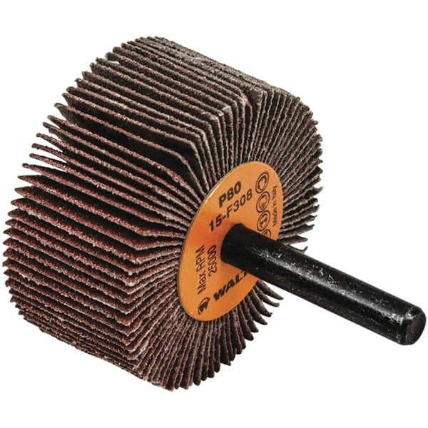 WALTER Surface Technologies - 2" Diam x 1" Face Width, Medium Aluminum Oxide Coated Mounted Flap Wheel - 1/4" Shank Mount, 80 Grit, Cloth Backing, 25,000 Max RPM - Apex Tool & Supply