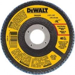 DeWALT - 40 Grit, 4-1/2" Disc Diam, 7/8" Center Hole, Type 29 Zirconia Alumina Flap Disc - 13,300 Max RPM, Poly Cotton Backing, Arbor Attaching System, Coated - Apex Tool & Supply