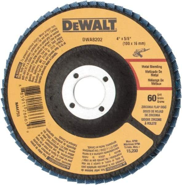 DeWALT - 60 Grit, 4" Disc Diam, 5/8" Center Hole, Type 29 Zirconia Alumina Flap Disc - 15,200 Max RPM, Poly Cotton Backing, Arbor Attaching System, Coated - Apex Tool & Supply