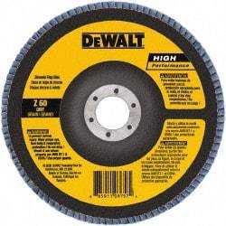DeWALT - 60 Grit, 7" Disc Diam, 7/8" Center Hole, Type 27 Zirconia Alumina Flap Disc - 8,700 Max RPM, Poly Cotton Backing, Arbor Attaching System, Coated - Apex Tool & Supply