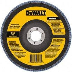 DeWALT - 120 Grit, 5" Disc Diam, 7/8" Center Hole, Type 27 Zirconia Alumina Flap Disc - 12,200 Max RPM, Poly Cotton Backing, Arbor Attaching System, Coated - Apex Tool & Supply