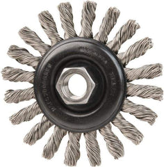 DeWALT - 4" OD, 5/8-11 Arbor Hole, Knotted Stainless Steel Wheel Brush - 3/8" Face Width, 7/8" Trim Length, 0.02" Filament Diam, 20,000 RPM - Apex Tool & Supply
