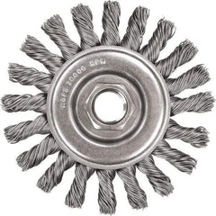 DeWALT - 5" OD, 5/8-11 Arbor Hole, Knotted Stainless Steel Wheel Brush - 3/8" Face Width, 7/8" Trim Length, 0.02" Filament Diam, 12,000 RPM - Apex Tool & Supply