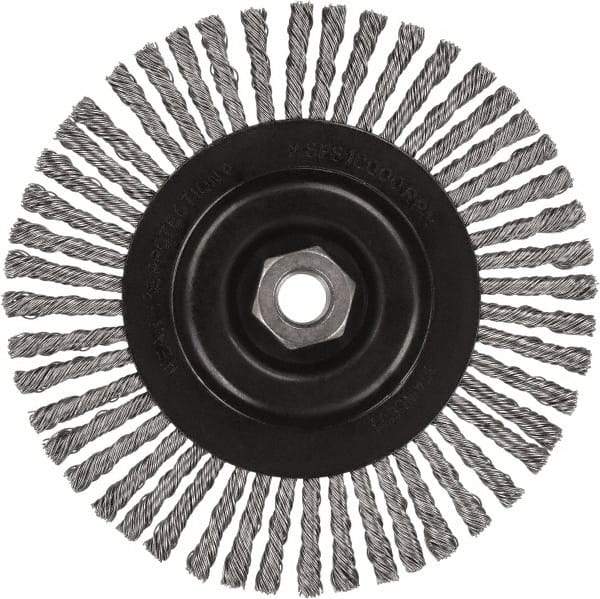 DeWALT - 5" OD, 5/8-11 Arbor Hole, Stringer Bead Stainless Steel Wheel Brush - 3/8" Face Width, 7/8" Trim Length, 0.02" Filament Diam, 12,000 RPM - Apex Tool & Supply