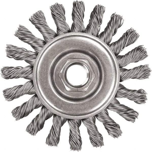 DeWALT - 4" OD, 5/8-11 Arbor Hole, Knotted Steel Wheel Brush - 3/8" Face Width, 7/8" Trim Length, 0.02" Filament Diam, 20,000 RPM - Apex Tool & Supply