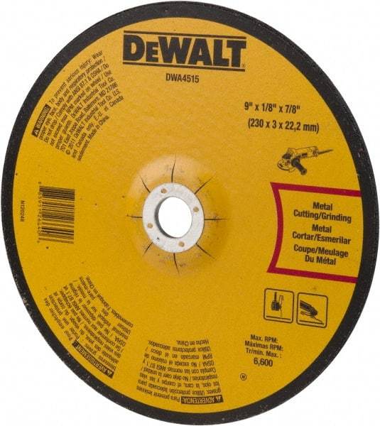 DeWALT - 24 Grit, 9" Wheel Diam, 1/8" Wheel Thickness, 7/8" Arbor Hole, Type 27 Depressed Center Wheel - Aluminum Oxide, Diamond Matrix Bond, 6,600 Max RPM, Compatible with Angle Grinder - Apex Tool & Supply