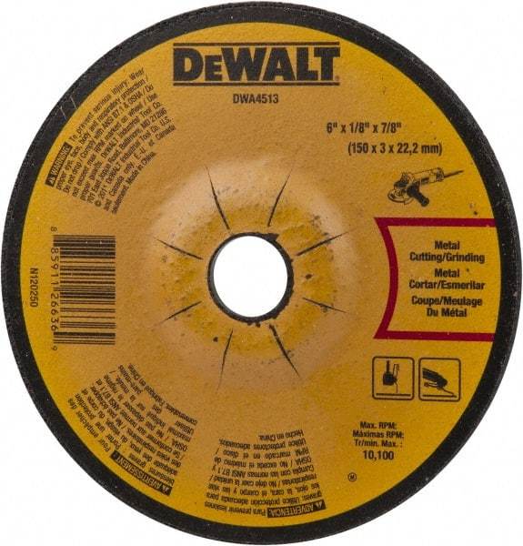 DeWALT - 24 Grit, 6" Wheel Diam, 1/8" Wheel Thickness, 7/8" Arbor Hole, Type 27 Depressed Center Wheel - Aluminum Oxide, Diamond Matrix Bond, 10,100 Max RPM, Compatible with Angle Grinder - Apex Tool & Supply