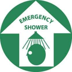 NMC - Emergency Shower, Anti-Skid Pressure-Sensitive Vinyl Floor Sign - Round, Green on White, Adhesive Backed, For First Aid - Apex Tool & Supply