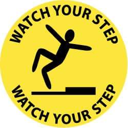 NMC - Watch Your Step, Anti-Skid Pressure-Sensitive Vinyl Floor Sign - Round, Black on Yellow, Adhesive Backed, For Accident Prevention - Apex Tool & Supply