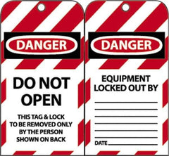 NMC - 3" High x 6" Long, DANGER - DO NOT OPEN - THIS TAG & LOCK TO BE REMOVED ONLY BY THE PERSON SHOWN ON BACK, English Safety & Facility Lockout Tag - Tag Header: Danger, 2 Sides, Black, Red & White Unrippable Vinyl - Apex Tool & Supply