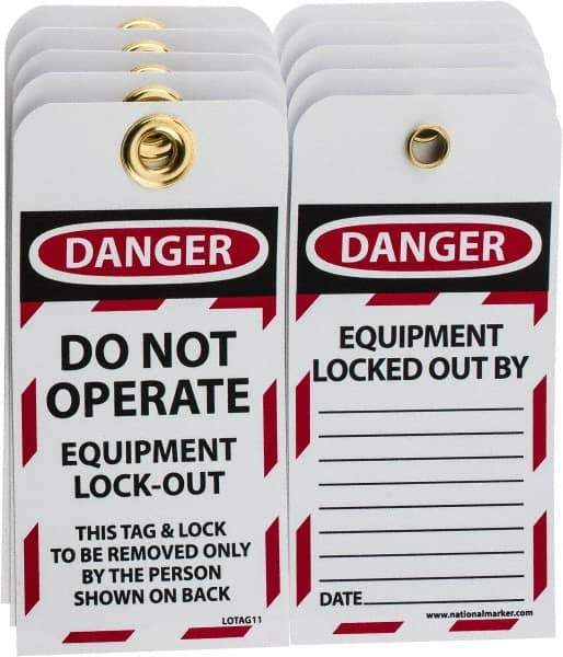 NMC - 3" High x 6" Long, DANGER - DO NOT OPERATE - EQUIPMENT LOCK-OUT - THIS TAG & LOCK TO BE REMOVED ONLY BY THE PERSON SHOWN ON BACK, English Safety & Facility Lockout Tag - Tag Header: Danger, 2 Sides, Black, Red & White Unrippable Vinyl - Apex Tool & Supply