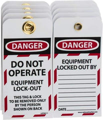 NMC - 3" High x 6" Long, DANGER - DO NOT OPERATE - EQUIPMENT LOCK-OUT - THIS TAG & LOCK TO BE REMOVED ONLY BY THE PERSON SHOWN ON BACK, English Safety & Facility Lockout Tag - Tag Header: Danger, 2 Sides, Black, Red & White Unrippable Vinyl - Apex Tool & Supply