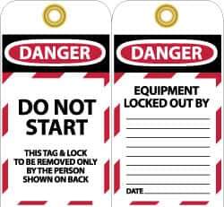 NMC - 3" High x 6" Long, DANGER - DO NOT START - THIS TAG & LOCK TO BE REMOVED ONLY BY THE PERSON SHOWN ON BACK, English Safety & Facility Lockout Tag - Tag Header: Danger, 2 Sides, Black, Red & White Unrippable Vinyl - Apex Tool & Supply
