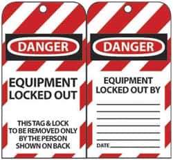 NMC - 3" High x 6" Long, DANGER - EQUIPMENT LOCKED OUT - THIS TAG & LOCK TO BE REMOVED ONLY BY THE PERSON SHOWN ON BACK, English Safety & Facility Lockout Tag - Tag Header: Danger, 2 Sides, Black, Red & White Unrippable Vinyl - Apex Tool & Supply