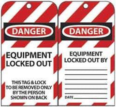 NMC - 3" High x 6" Long, DANGER - EQUIPMENT LOCKED OUT - THIS TAG & LOCK TO BE REMOVED ONLY BY THE PERSON SHOWN ON BACK, English Safety & Facility Lockout Tag - Tag Header: Danger, 2 Sides, Black, Red & White Unrippable Vinyl - Apex Tool & Supply