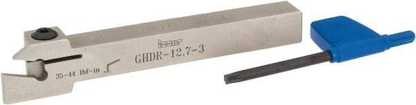 Iscar - External Thread, 0.33" Max Depth of Cut, 0.11" Min Groove Width, 4-1/2" OAL, Right Hand Indexable Grooving Cutoff Toolholder - 1/2" Shank Height x 1/2" Shank Width, GI.., GPV.., TIP.. Insert Style, GHD Toolholder Style, Series Cut Grip | Apex Tool & Supply