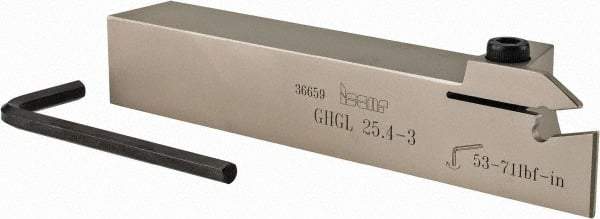 Iscar - External Thread, 0.118" Min Groove Width, 6" OAL, Left Hand Indexable Grooving Cutoff Toolholder - 0.096 Seat Size, 1" Shank Height x 1" Shank Width, GI../TIP Insert Style, GHG Toolholder Style, Series Cut Grip - Apex Tool & Supply
