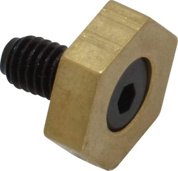 Mitee-Bite - 1/2" Brass Hex, 10-32 Stud Thread, Symmetrical Hex Clamp - 0.16" Hex Height, 350 Lb Holding Force, Hardened Steel Stud, 11/32" Long Thread, 2.5 Ft/Lb Torque, 10 Clamps - Apex Tool & Supply