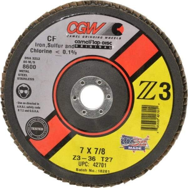 Camel Grinding Wheels - 36 Grit, 7" Disc Diam, 7/8" Center Hole, Type 27 Zirconia Alumina Flap Disc - 8,600 Max RPM, Poly Cotton Backing, Arbor Attaching System, Coated - Apex Tool & Supply