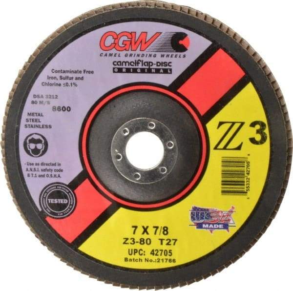 Camel Grinding Wheels - 80 Grit, 7" Disc Diam, 7/8" Center Hole, Type 27 Zirconia Alumina Flap Disc - 8,600 Max RPM, Poly Cotton Backing, Arbor Attaching System, Coated - Apex Tool & Supply
