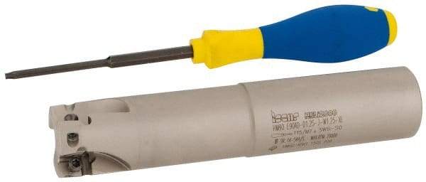 Iscar - 1-1/4" Cut Diam, 0.56" Max Depth of Cut, 1-1/4" Shank Diam, 6-1/4" OAL, Indexable Square Shoulder End Mill - AD..1505.., HM90 AD..1505 Inserts, Weldon Shank, 90° Lead Angle, Series Heli2000 - Apex Tool & Supply