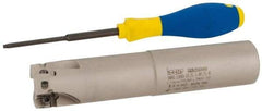 Iscar - 1-1/4" Cut Diam, 0.56" Max Depth of Cut, 1-1/4" Shank Diam, 6-1/4" OAL, Indexable Square Shoulder End Mill - AD..1505.., HM90 AD..1505 Inserts, Weldon Shank, 90° Lead Angle, Series Heli2000 - Apex Tool & Supply