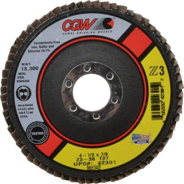 Camel Grinding Wheels - 36 Grit, 4-1/2" Disc Diam, 7/8" Center Hole, Type 27 Zirconia Alumina Flap Disc - 13,300 Max RPM, Poly Cotton Backing, Arbor Attaching System, Coated - Apex Tool & Supply