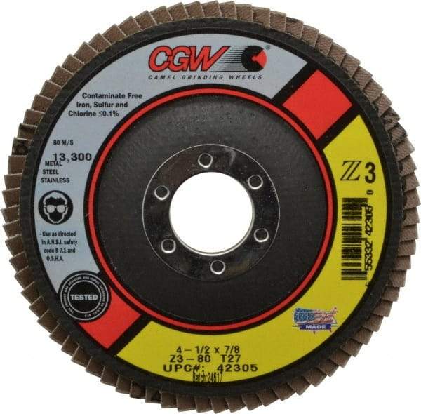Camel Grinding Wheels - 80 Grit, 4-1/2" Disc Diam, 7/8" Center Hole, Type 27 Zirconia Alumina Flap Disc - 13,300 Max RPM, Poly Cotton Backing, Arbor Attaching System, Coated - Apex Tool & Supply