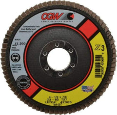 Camel Grinding Wheels - 80 Grit, 4-1/2" Disc Diam, 7/8" Center Hole, Type 27 Zirconia Alumina Flap Disc - 13,300 Max RPM, Poly Cotton Backing, Arbor Attaching System, Coated - Apex Tool & Supply