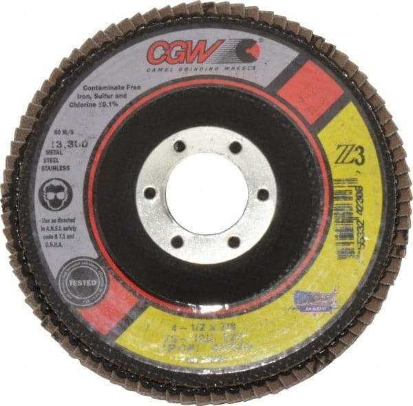 Camel Grinding Wheels - 120 Grit, 4-1/2" Disc Diam, 7/8" Center Hole, Type 27 Zirconia Alumina Flap Disc - 13,300 Max RPM, Poly Cotton Backing, Arbor Attaching System, Coated - Apex Tool & Supply