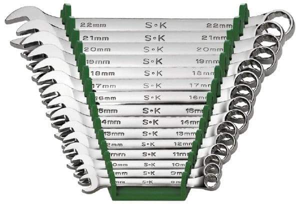 SK - 15 Piece, 8 to 22mm, Combination Wrench Set - Metric System of Measurement, Chrome Finish, Comes in Rack - Apex Tool & Supply