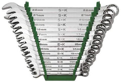 SK - 15 Piece, 8 to 22mm, Combination Wrench Set - Metric System of Measurement, Chrome Finish, Comes in Rack - Apex Tool & Supply