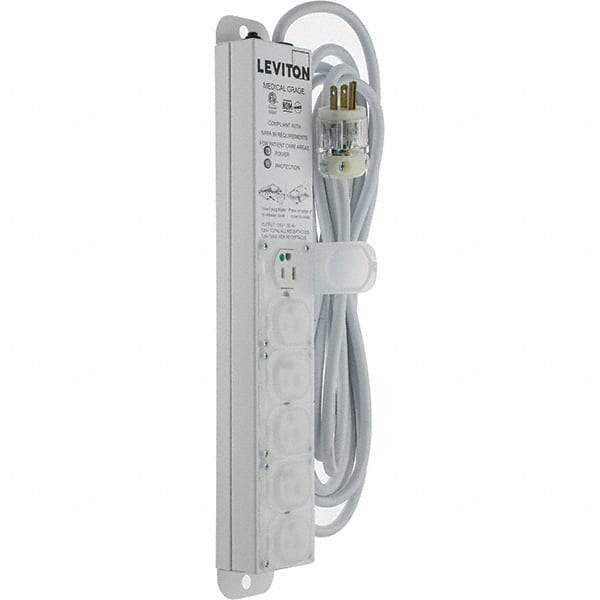 Leviton - 6 Outlets, 125 VAC15 Amps, 15' Cord, Surge Power Outlet Strip - Wall/Surface Mount, 5-20 NEMA Configuration, 1-1/4' Strip, UL 60601-1 - Apex Tool & Supply