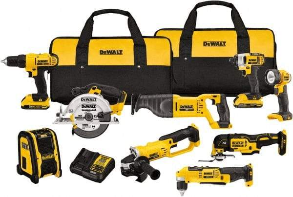 DeWALT - 20 Volt Cordless Tool Combination Kit - Includes 1/2" Compact Drill/Driver, 1/4" Impact Driver, Cut-off Tool/Grinder, Reciprocating Saw, 6-1/2 Circular Saw, LED Worklight & Bluetooth Speaker, Lithium-Ion Battery Included - Apex Tool & Supply