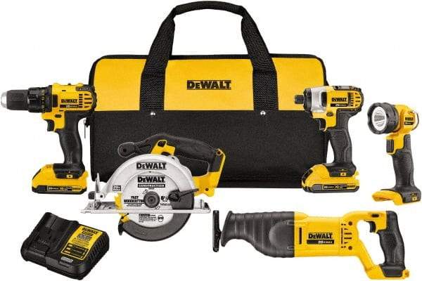 DeWALT - 20 Volt Cordless Tool Combination Kit - Includes 1/2" Compact Drill/Driver, 1/4" Impact Driver, Reciprocating Saw, 6-1/2 Circular Saw & LED Worklight, Lithium-Ion Battery Included - Apex Tool & Supply