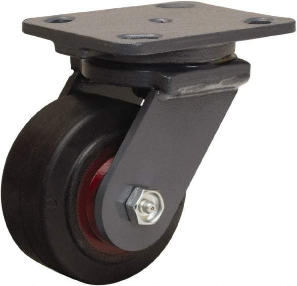 Hamilton - 4" Diam x 2" Wide x 5-5/8" OAH Top Plate Mount Swivel Caster - Rubber Mold on Cast Iron, 300 Lb Capacity, Straight Roller Bearing, 4 x 5" Plate - Apex Tool & Supply