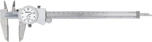 Mitutoyo - 0" to 8" Range, 0.001" Graduation, 0.1" per Revolution, Dial Caliper - White Face, 50mm Jaw Length - Apex Tool & Supply