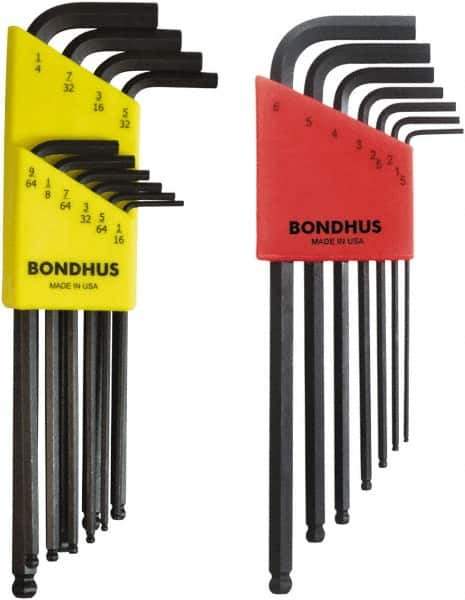 Bondhus - 17 Piece L-Key Ball End Hex Key Set - Hex Range 1/16 to 1/4", Protanium High Torque Steel - Apex Tool & Supply