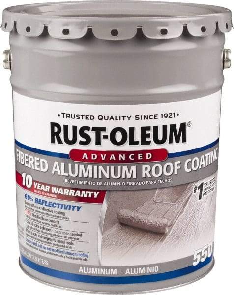 Rust-Oleum - 5 Gal Pail Aluminum Fibered Aluminum Roof Coating - 50 Sq Ft/Gal Coverage, 467 g/L VOC Content, Mildew Resistant, Long Term Durability & Weather Resistance - Apex Tool & Supply