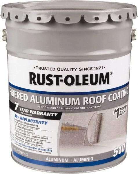 Rust-Oleum - 5 Gal Pail Aluminum Fibered Aluminum Roof Coating - 50 Sq Ft/Gal Coverage, 459 g/L VOC Content, Mildew Resistant, Long Term Durability & Weather Resistance - Apex Tool & Supply